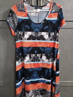 French Atmosphere Orange, Blue & Black Paisley Dress
